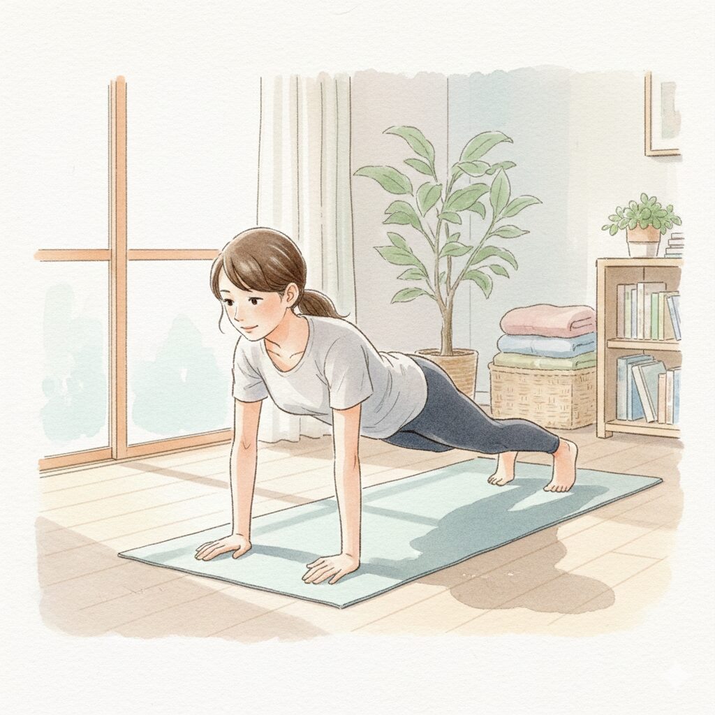 自宅で腹筋トレーニングをして、体の動きを意識する30代女性のイラスト