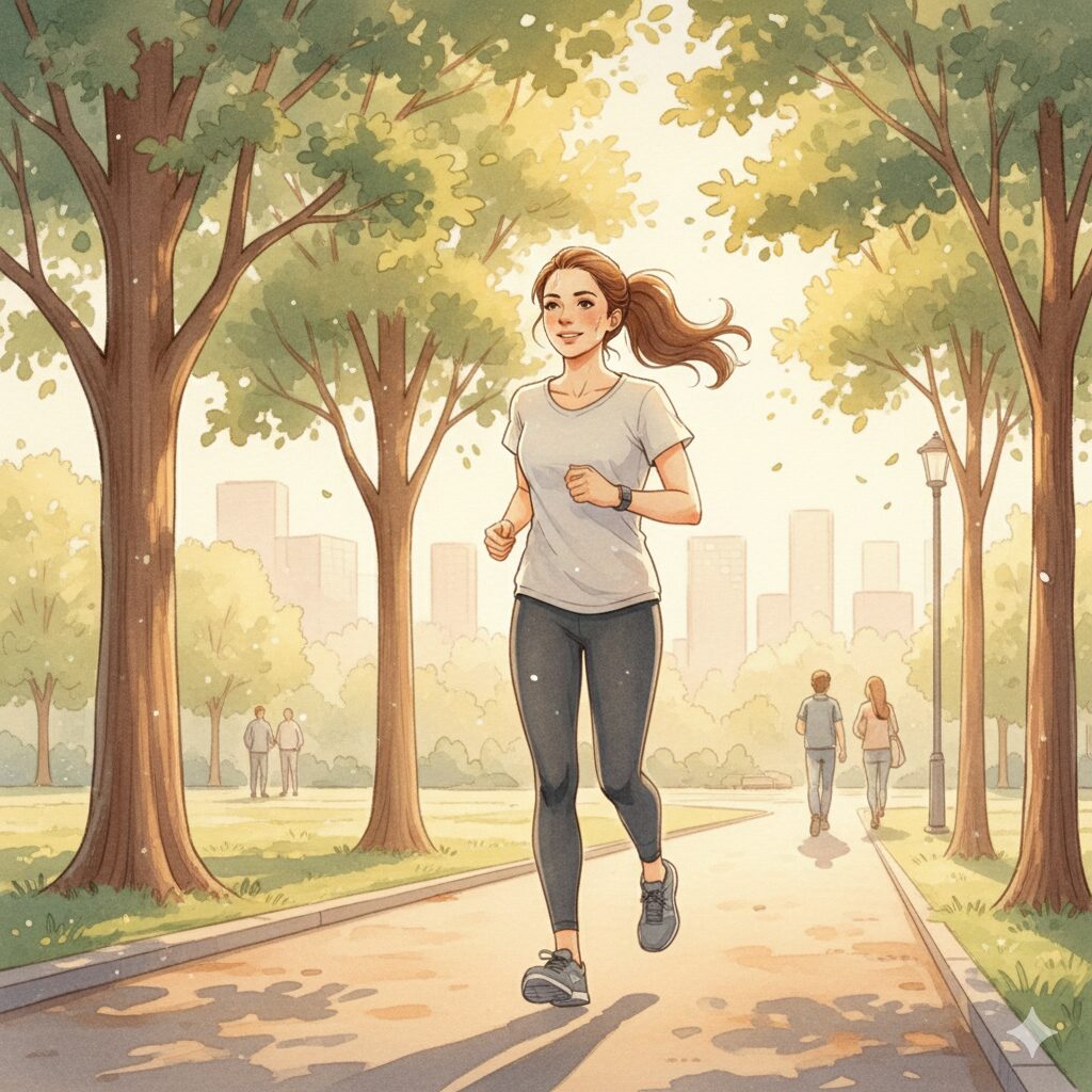 公園の朝の道を、30代の女性が軽くジョギングしている様子。スポーツウェア姿で、木漏れ日の中を気持ちよさそうに走っている。柔らかいパステル調のタッチで、爽やかさと日常の運動習慣を表現したイラスト。