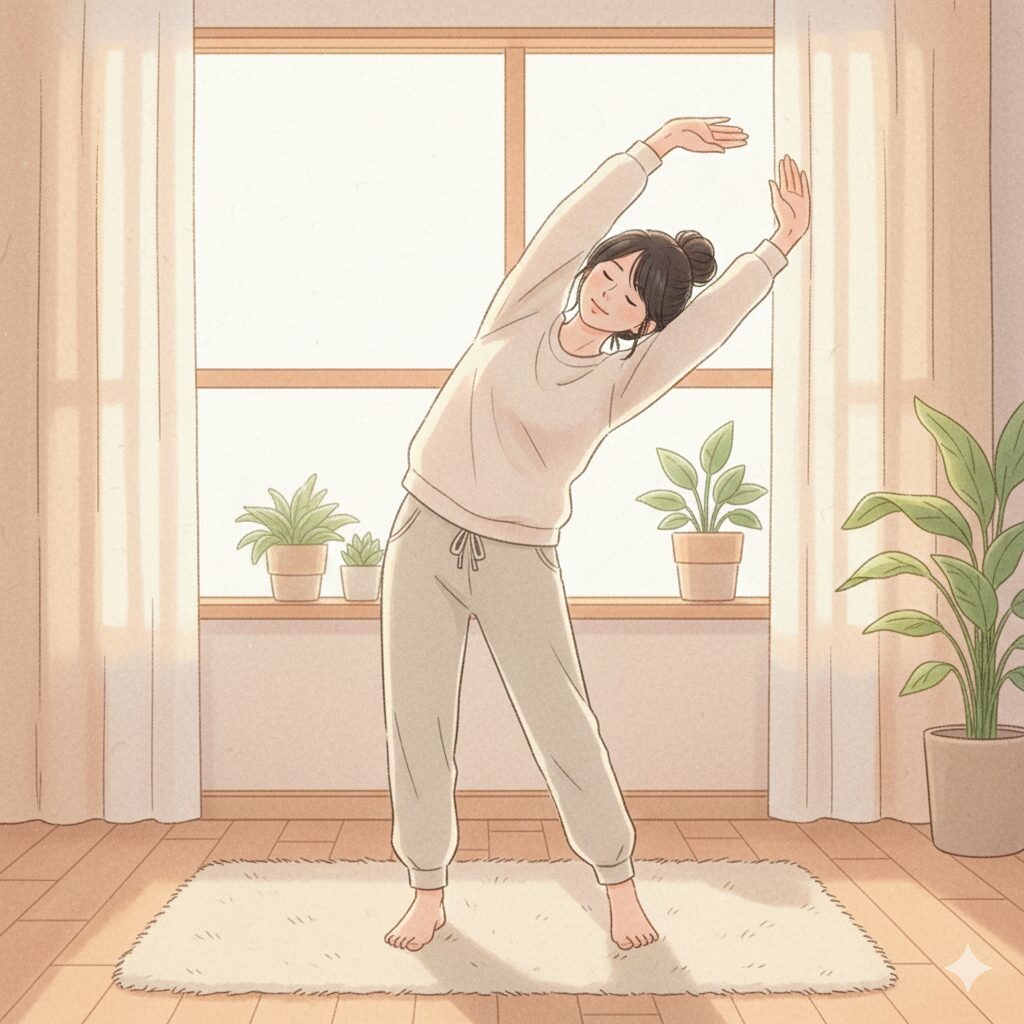 窓辺で軽くストレッチする30代女性、温かい朝の光と心地よい室内、健康的な生活と目標達成をイメージしたイラスト