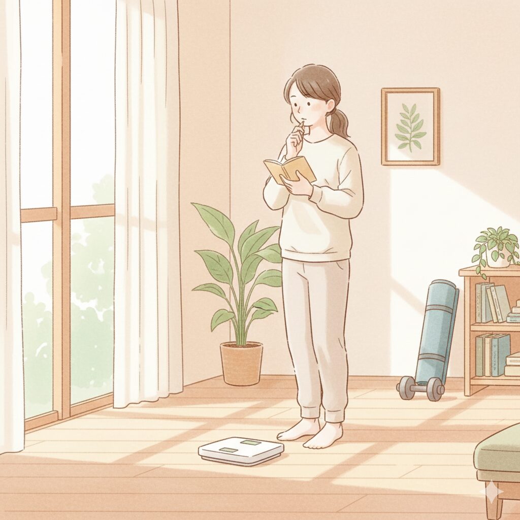 基礎代謝の低下に悩む30代女性が体重計を見ながら考えているイラスト