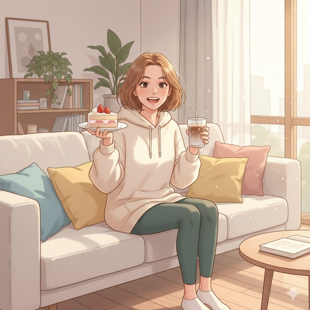 自宅のリビングで、30代の女性がケーキと飲み物を楽しんでいる様子。少しラフな髪型とカジュアルな服装でくつろぎながら、柔らかな光が差し込む空間で明るい表情を浮かべている。パステル調の背景がやさしい雰囲気をつくる、親しみやすく温かいイラスト。