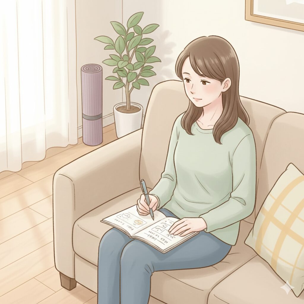 運動しても痩せない原因について悩む30代女性がソファで考えているイラスト