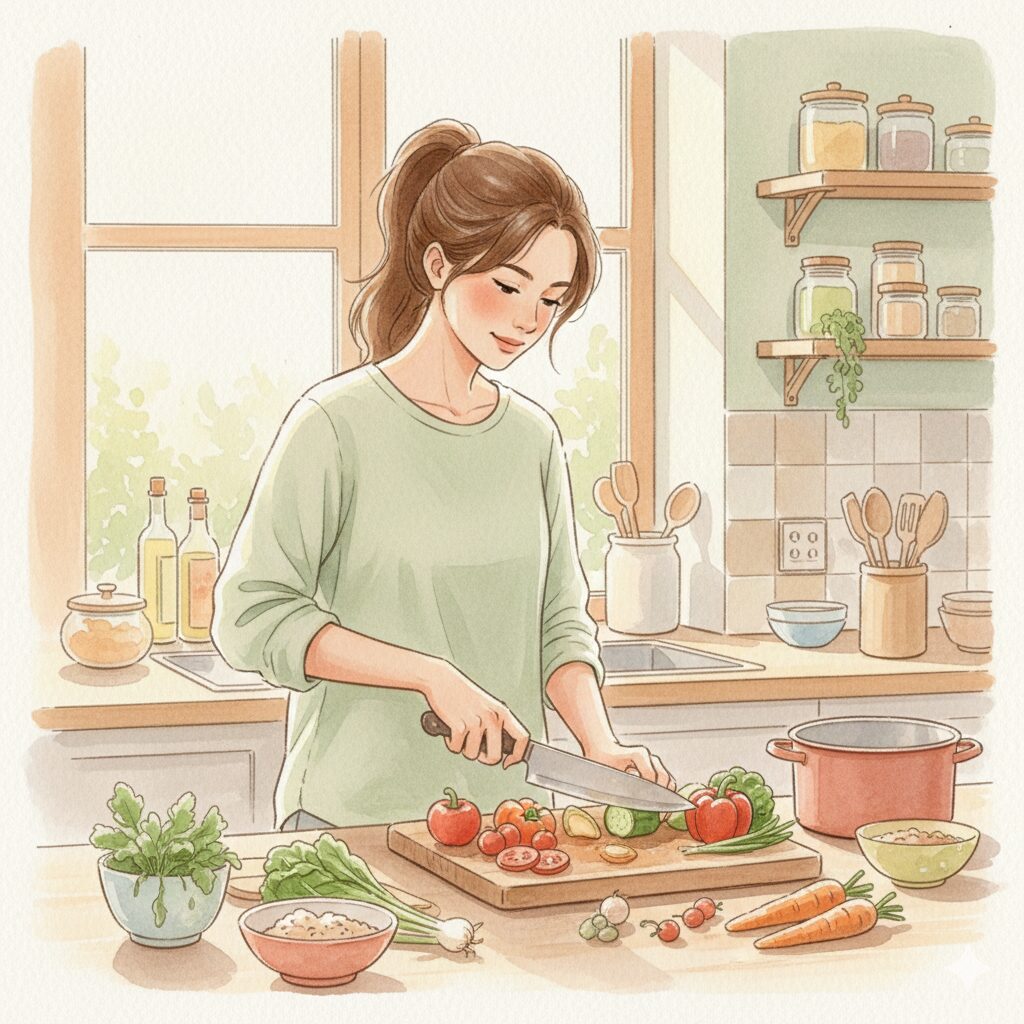 自宅のキッチンで、30代の女性が野菜を切りながら健康的な料理を作っている様子。朝の柔らかい光が差し込む中、落ち着いた雰囲気で調理をしている。水彩風の温かいタッチで、日常の食事づくりを描いたイラスト。