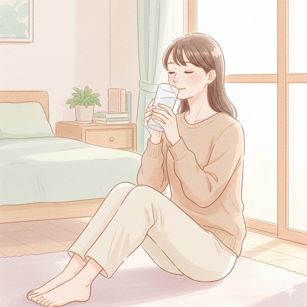 水分補給をしながらリラックスして過ごす30代女性のイラスト
