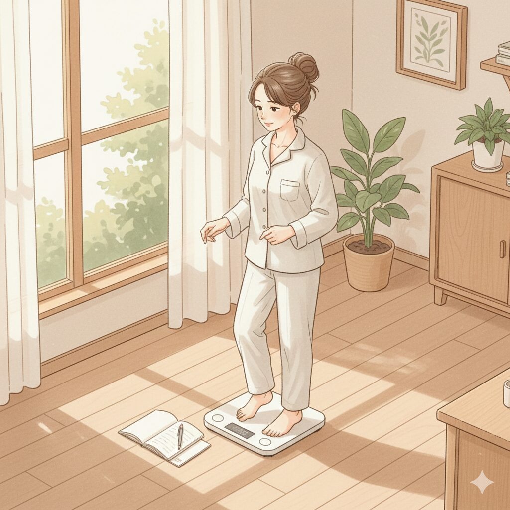 体組成計に乗って体重と体脂肪を記録する30代女性。朝の柔らかい光の中で健康管理を行う様子を描いたイラスト。