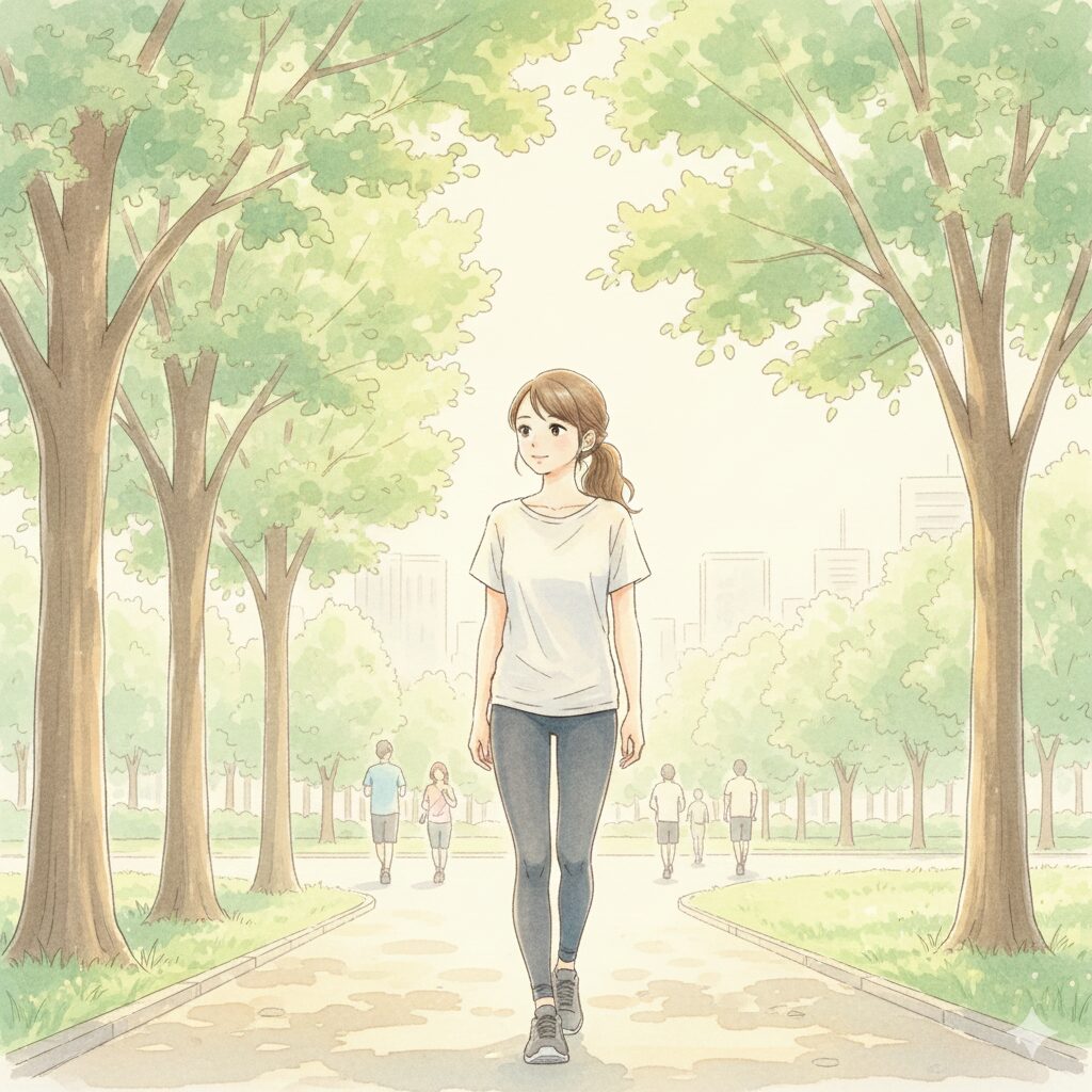 朝の公園を軽く息が弾むペースでウォーキングする30代女性のイラスト