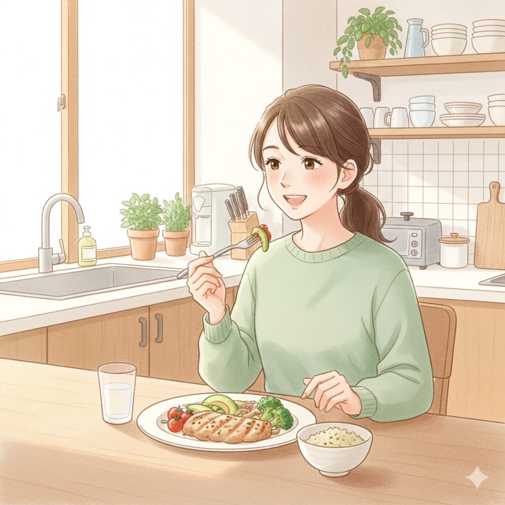 タンパク質中心の食事を意識して健康的な食事を取る30代女性のイラスト