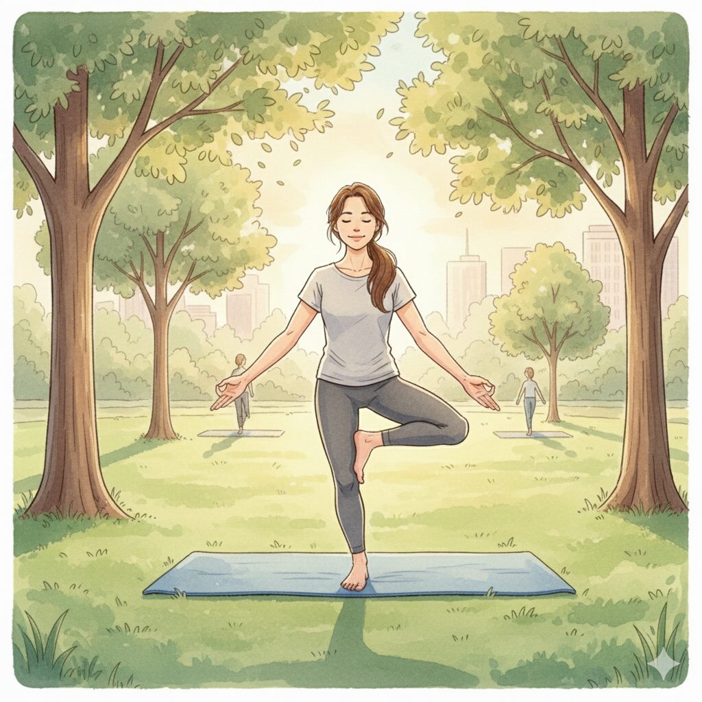 緑の芝生の上で、30代の女性がヨガマットの上に座り、ストレッチをしている様子。早朝の優しい光に包まれ、リラックスした表情で体を伸ばしている。淡いパステル調で描かれた、自然の中での運動シーンのイラスト。