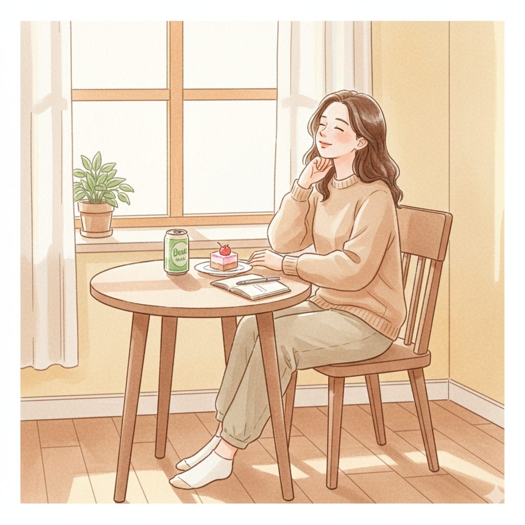 暖かな日差しが差し込む部屋で、30代の女性が小さなデザートとジュース缶を前に、柔らかく微笑みながらテーブルに座っている様子。カジュアルな服装でリラックスしており、テーブルには日記とペンが置かれている。パステル調の柔らかい水彩風で描かれた、親しみやすい日常シーンのイラスト。