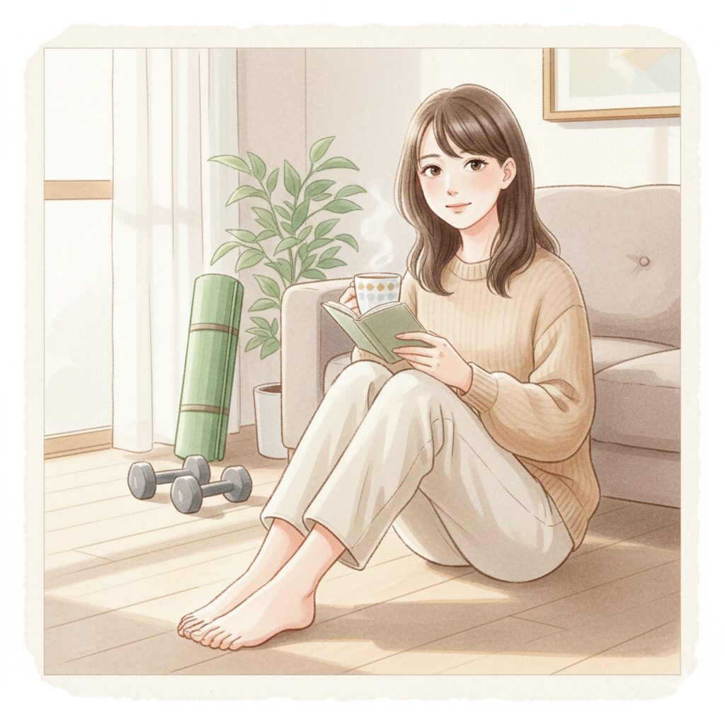 朝の暖かい光の中、日記を手に微笑む30代の日本人女性が、紅茶を飲みながらリラックスしている様子。背景にはヨガマットが置かれ、ダイエットと日常のバランスを表現したソフトパステル調のイラスト。