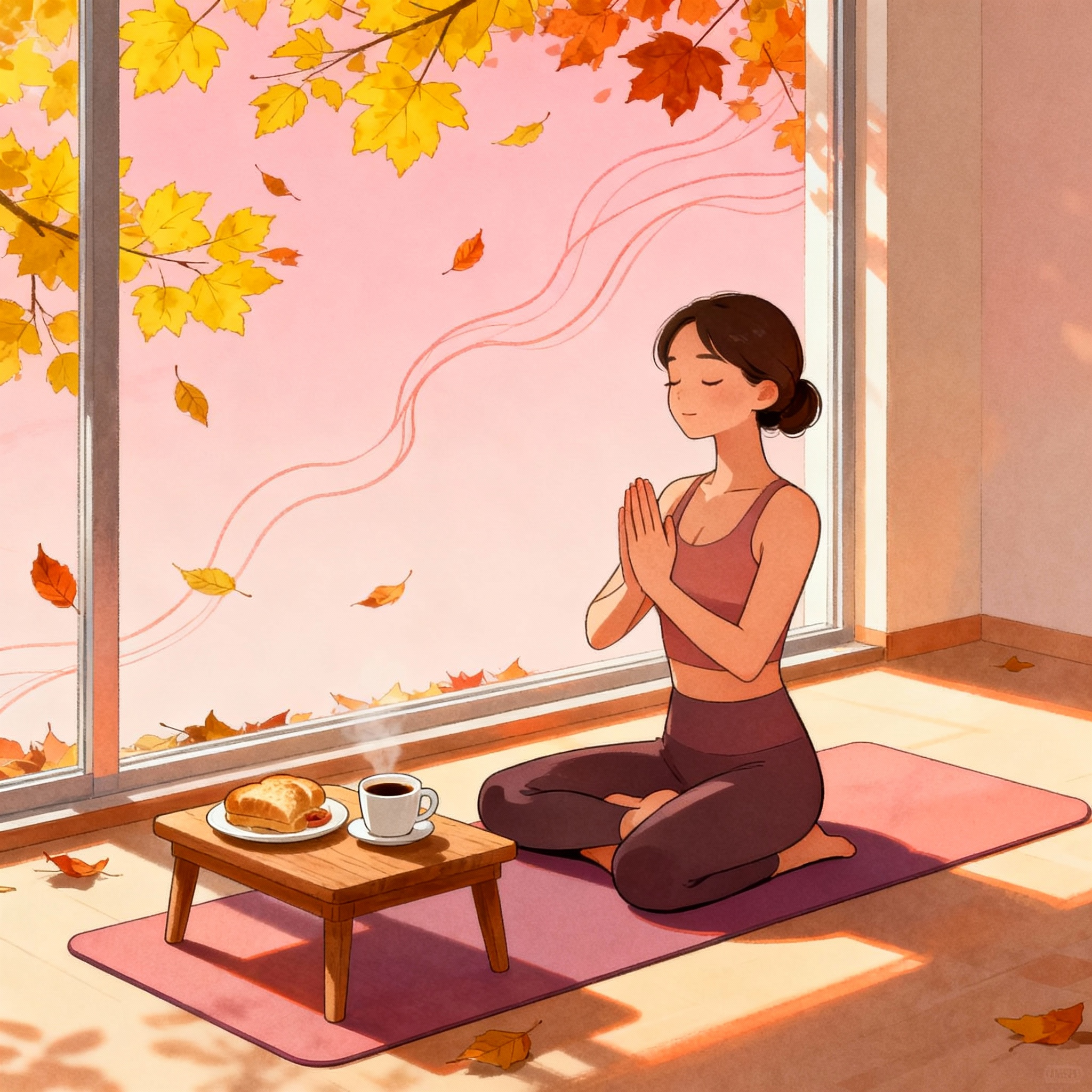 秋の窓際で健康的に過ごす女性のダイエットイラスト