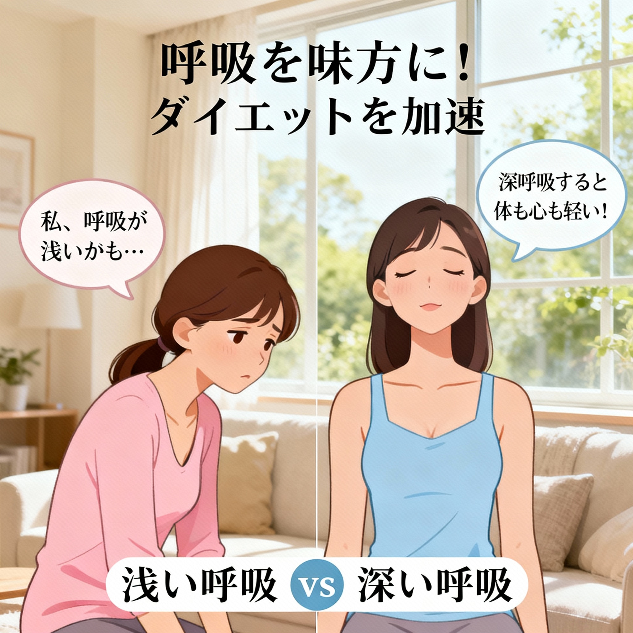 呼吸の深さがダイエットの進み方を左右する！？浅い呼吸と深い呼吸の違いをイラストで紹介。呼吸を味方につけて、代謝も心も軽くするヒントをお届けします。