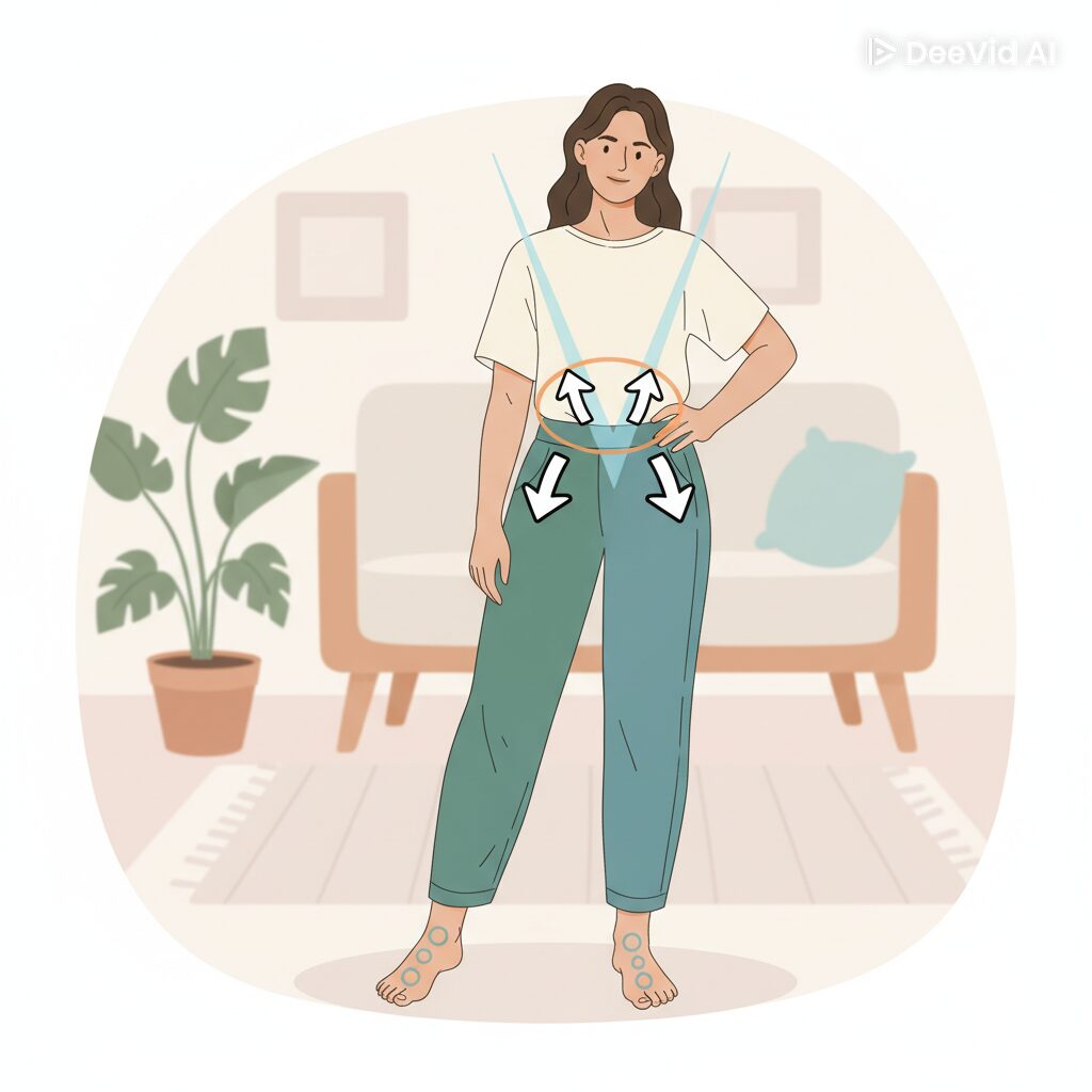 「お腹のコルセットを意識して体幹を整える女性のイラスト。骨盤と肋骨の角度、上半身と下半身のバランスを整えて腹圧を高める姿勢を表現。」