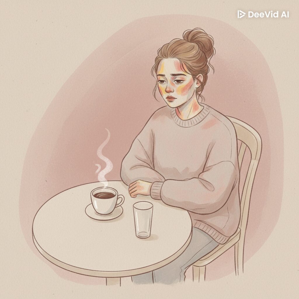 「過激なダイエットは健康に深刻な影響を及ぼすことがあります。この記事では、水分をほとんど摂らず、コーヒー依存で1日1食生活を続けた結果、めまい・頭痛・黄疸・蕁麻疹など体調不良が現れた女性の実体験をイメージしたイラストを掲載。読者に危険性を注意喚起する内容です。」