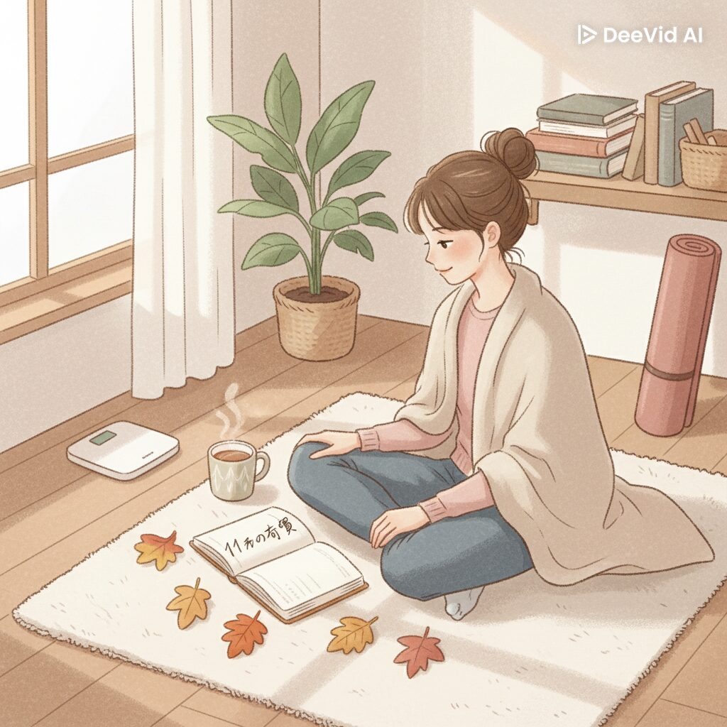 11月のダイエット目標を立てる女性のイラスト。ノートに目標を書きながら、食事・運動・心を整える秋の暮らしをイメージした北欧風デザイン。