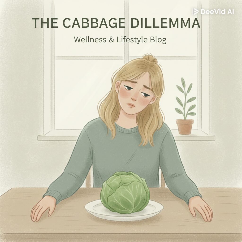 キャベツ1玉を前に疲れた様子の女性のイラスト。極端なダイエットや不健康な食事習慣を表現。