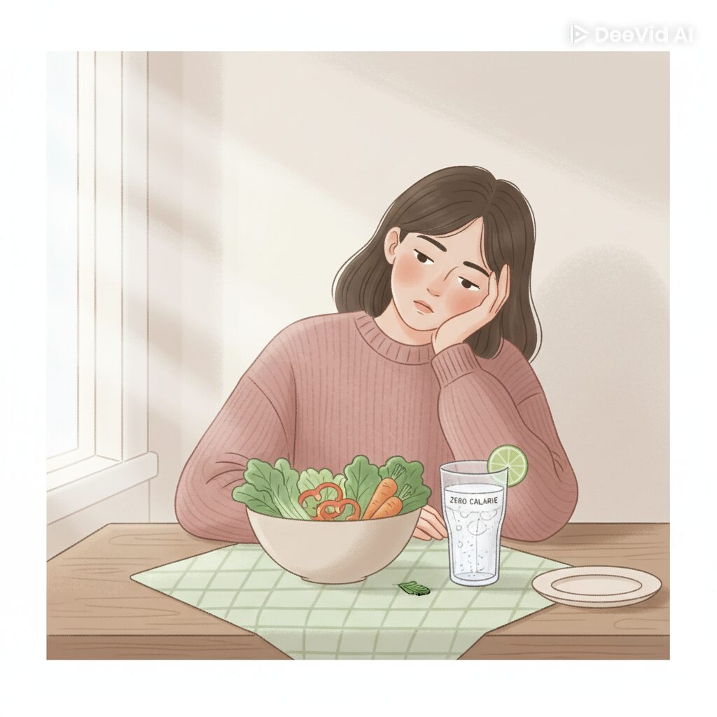 Illustration of a woman who failed a low-carb and zero-calorie diet, feeling unsatisfied and tired, representing the risks of extreme dieting.