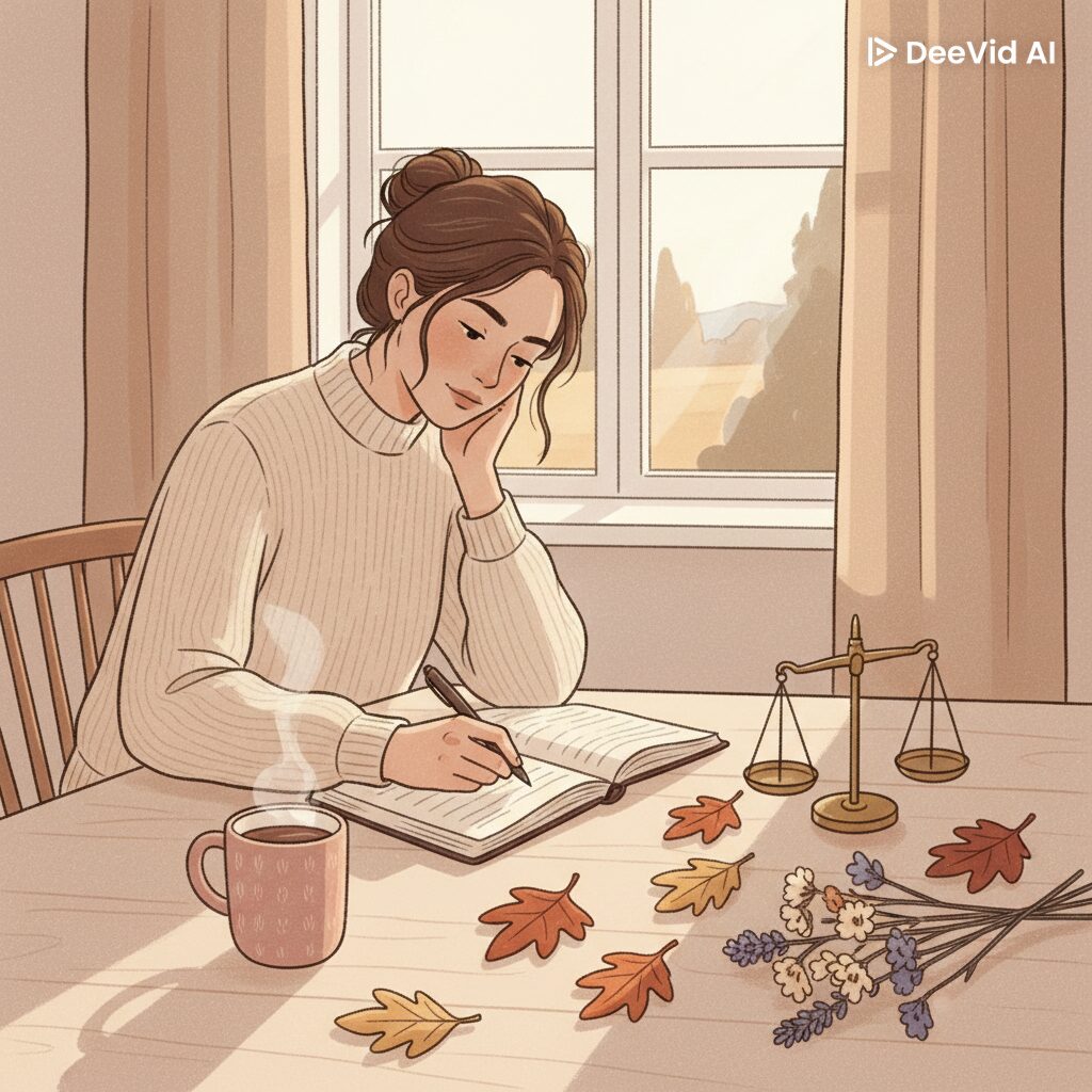 10月のダイエットを振り返る女性がノートに記録をつけている北欧風のパステルイラスト。秋らしい小物と温かい色合いで、丁寧に暮らす雰囲気を表現。