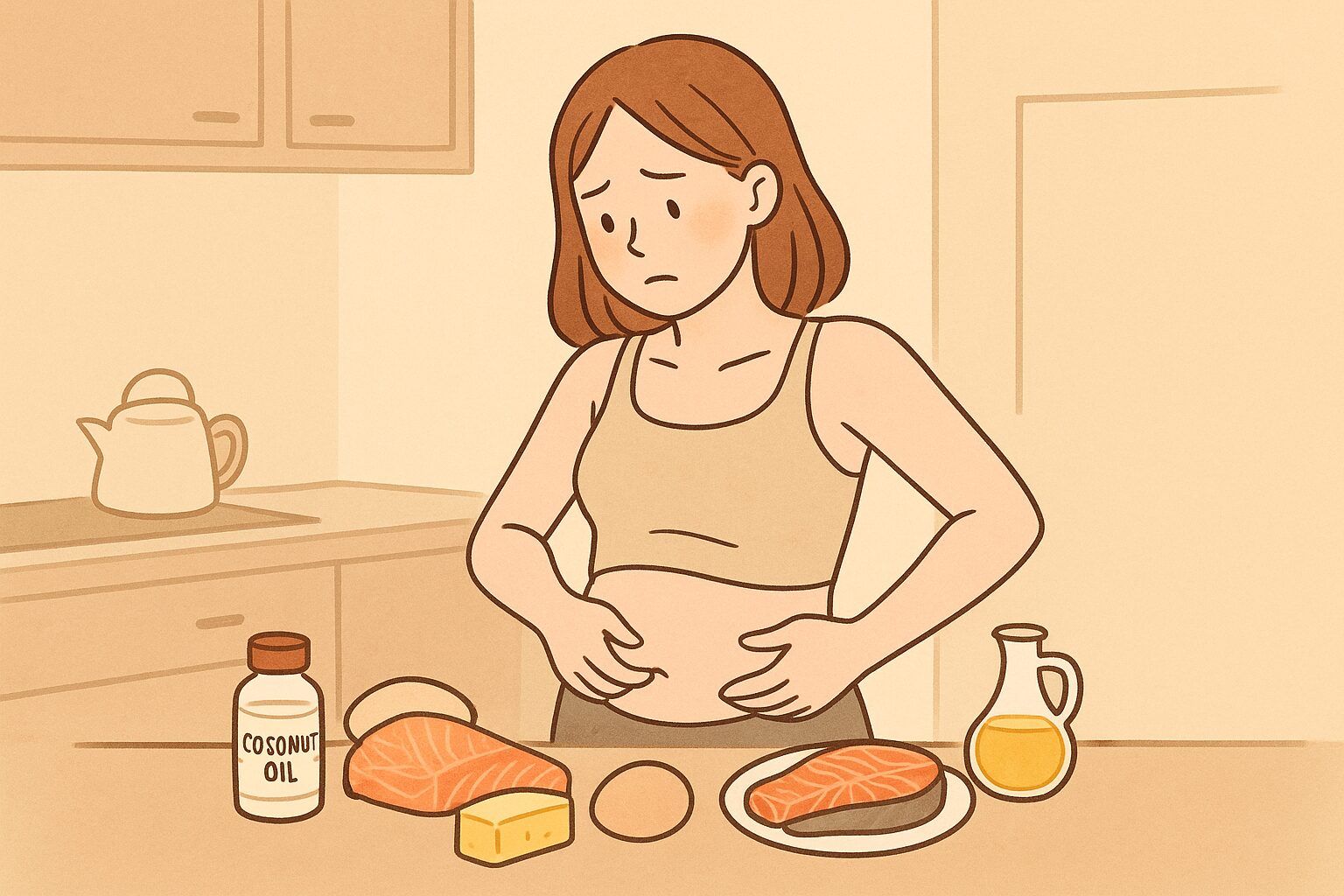 「ケトジェニックダイエットで太ってしまった女性がキッチンでお腹を気にしているイラスト。ココナッツオイル、チーズ、サーモンなど高脂質食材が並ぶ。」