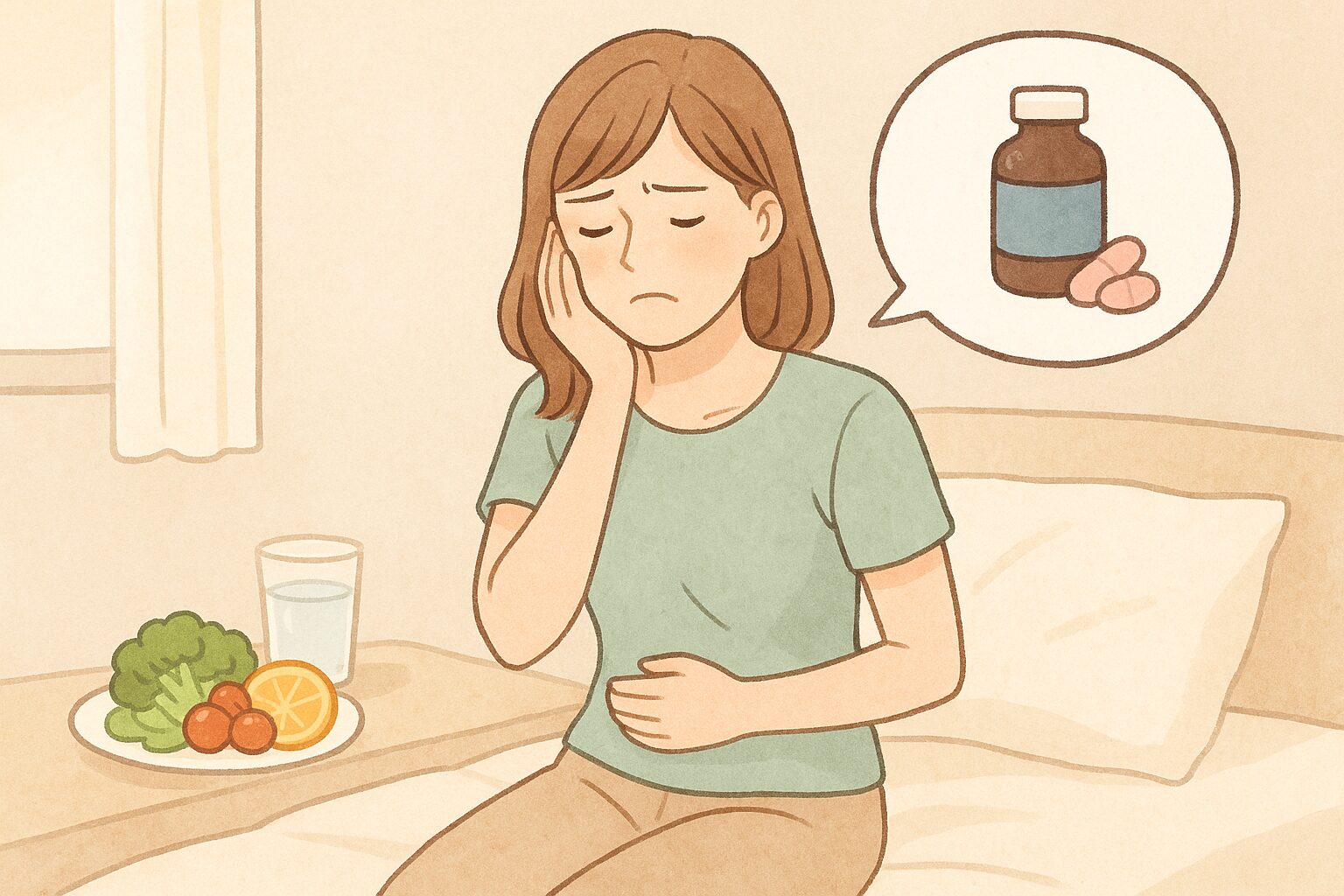 「無理なダイエットで体調を崩し、便秘薬を思い浮かべながらお腹を押さえる女性のイラスト。健康的な食事の大切さを示すシーン。」