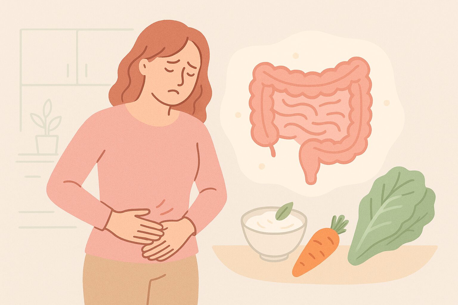 便秘による体の不調をイメージしたイラスト。腸のイラストやヨーグルト、野菜が描かれ、腸内環境を整える健康的な生活を表現。