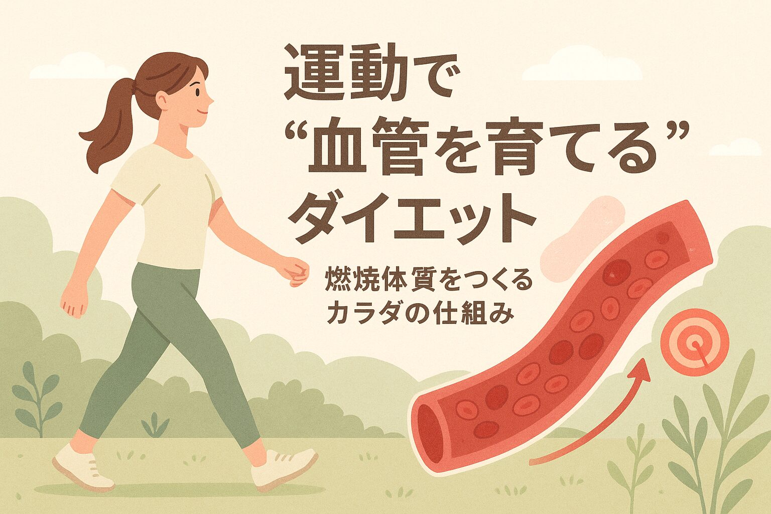血管を育てる運動をテーマにしたイラスト。ウォーキングする女性と血流のイメージ。