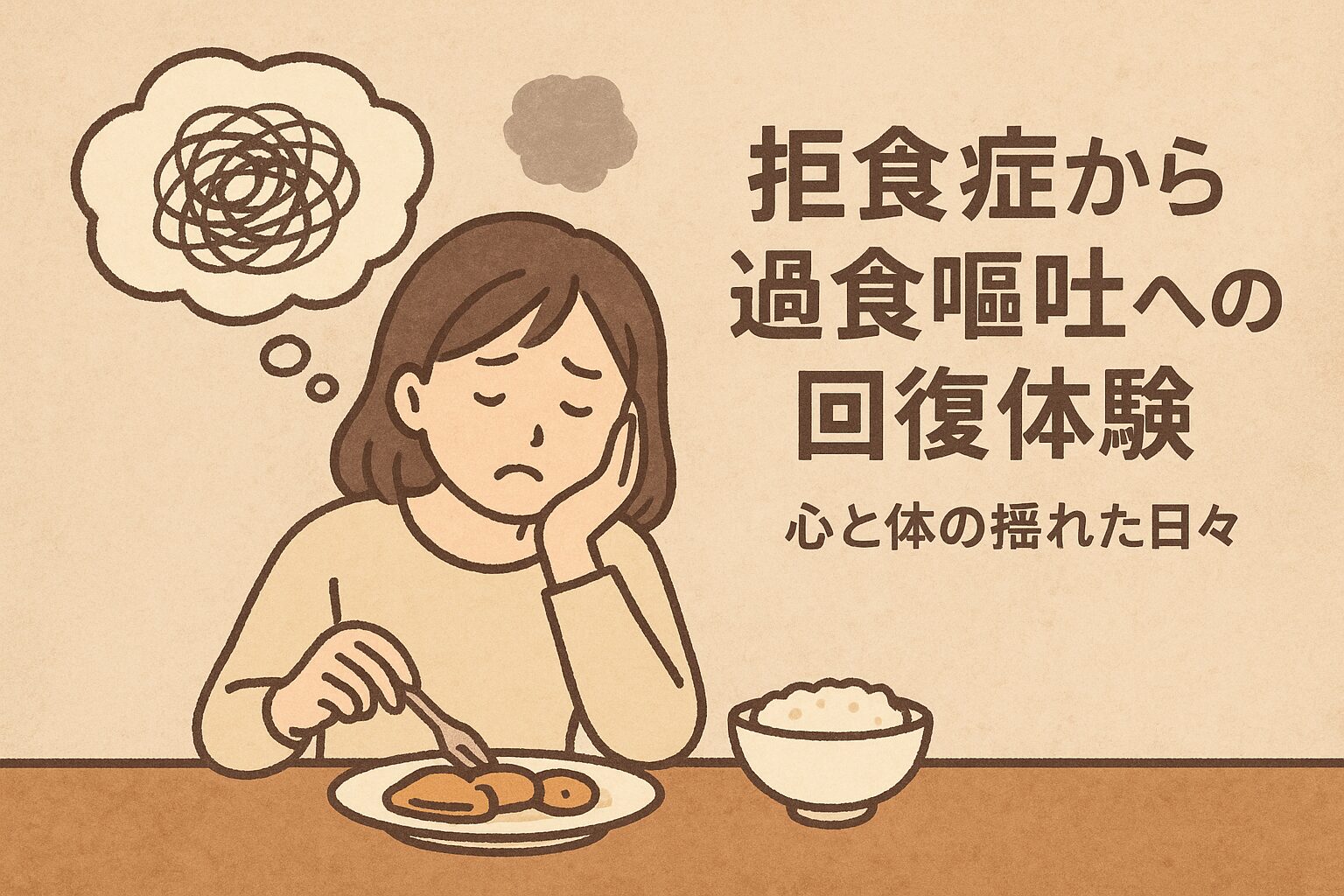 拒食症を乗り越えた後、過食と過食嘔吐の波に苦しんだ女性の体験をイメージしたアイキャッチ。太ることへの恐怖、食事の葛藤、そして失敗を繰り返しながら少しずつ学ぶ回復のプロセスを象徴しています。