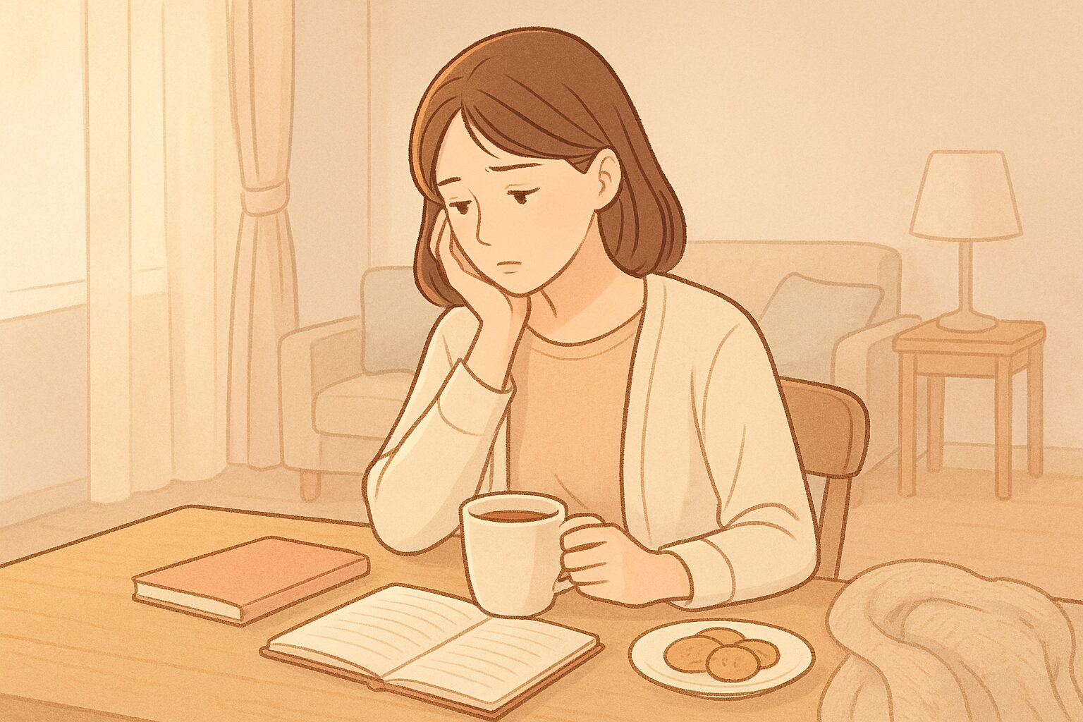 社会人女性が仕事のストレスで過食し、心の安らぎを求める様子。優しいパステル調の室内で考え込む姿。