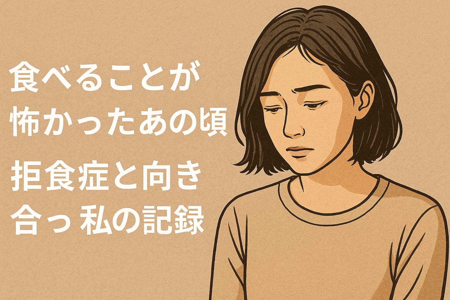 拒食症から回復する女性のイラスト。心の癒しと希望をテーマにした柔らかい北欧風デザイン。