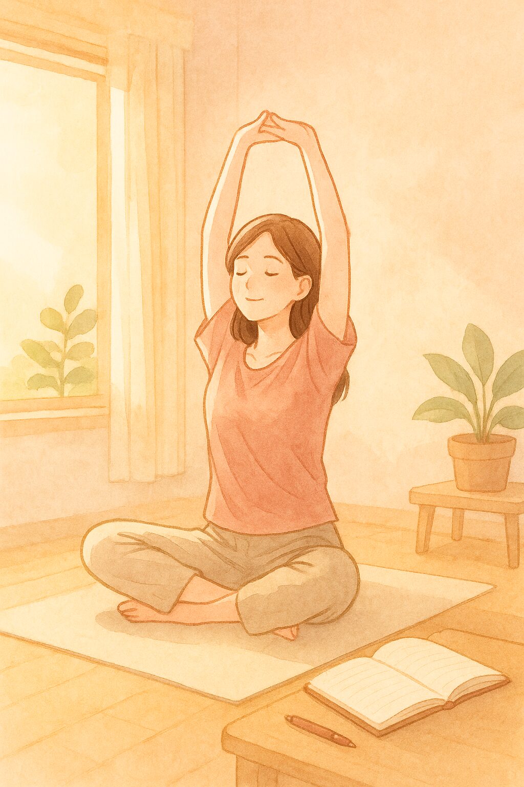 柔らかい水彩風パステルカラーで描かれた室内イラスト。朝の穏やかな光が差し込む中、窓辺で若い女性が深呼吸しながらストレッチをしている。テーブルには日記が置かれ、リラックスした姿勢と落ち着いた表情で心と体を整える様子を表現。