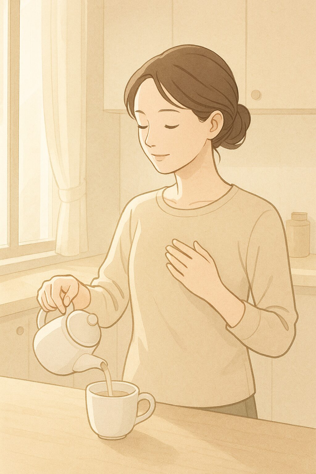 淡い光の中で目を閉じて微笑む女性。空腹を整える時間を通して、内側の美しさが整っていく様子を表現。