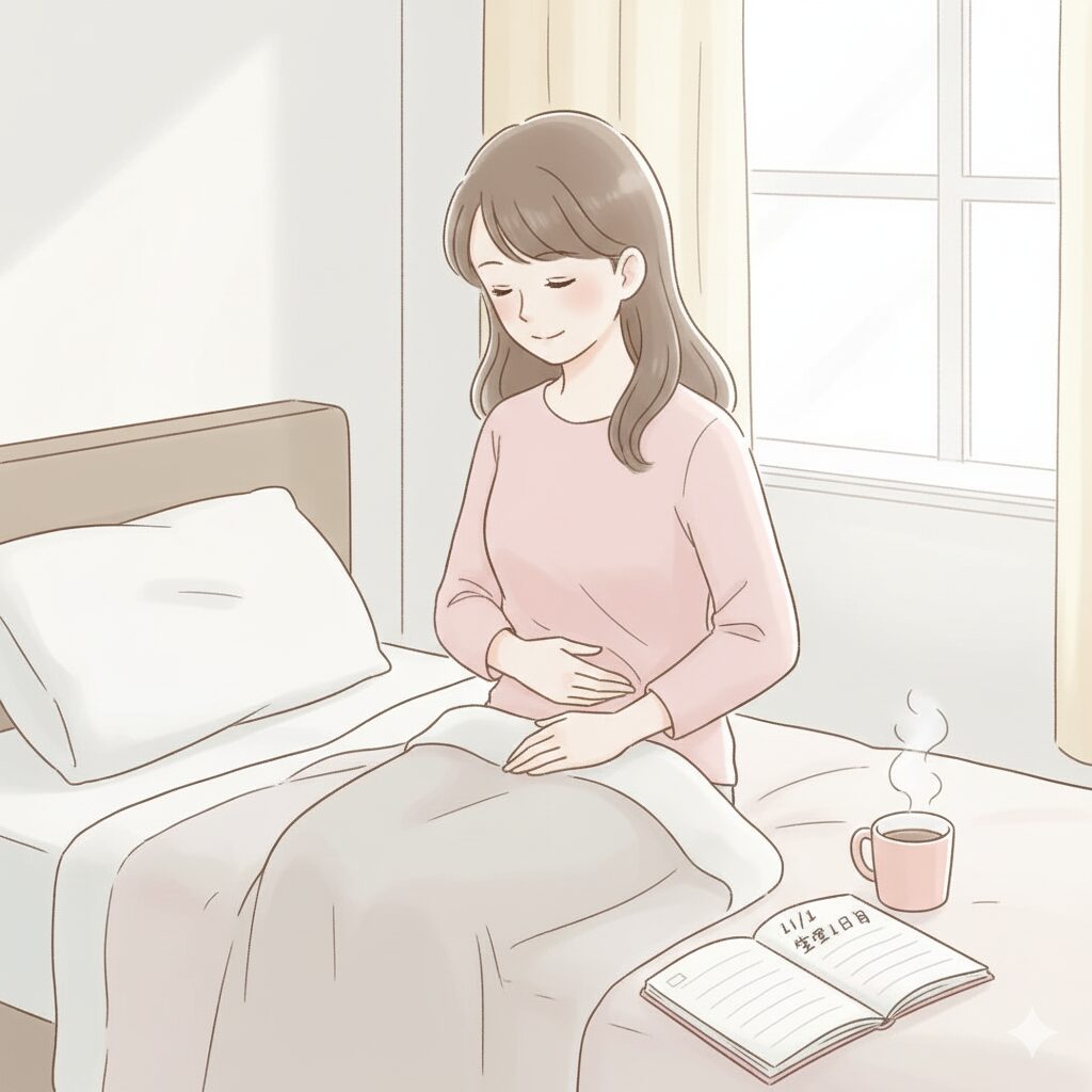 生理1日目でお腹をさする女性がベッドに腰掛け、パステルカラーで描かれた穏やかなダイエット記録イメージ。ブランケットとホットドリンクがそばにある。