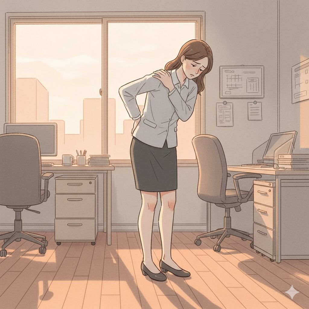 夕方のオフィスで、肩を押さえながら腰を支えて立つ女性。背中を少し丸め、足首やふくらはぎがむくんでいる様子がわかる。疲れた表情で、暖かなオレンジ色の光と長い影が差す水彩風イラスト。