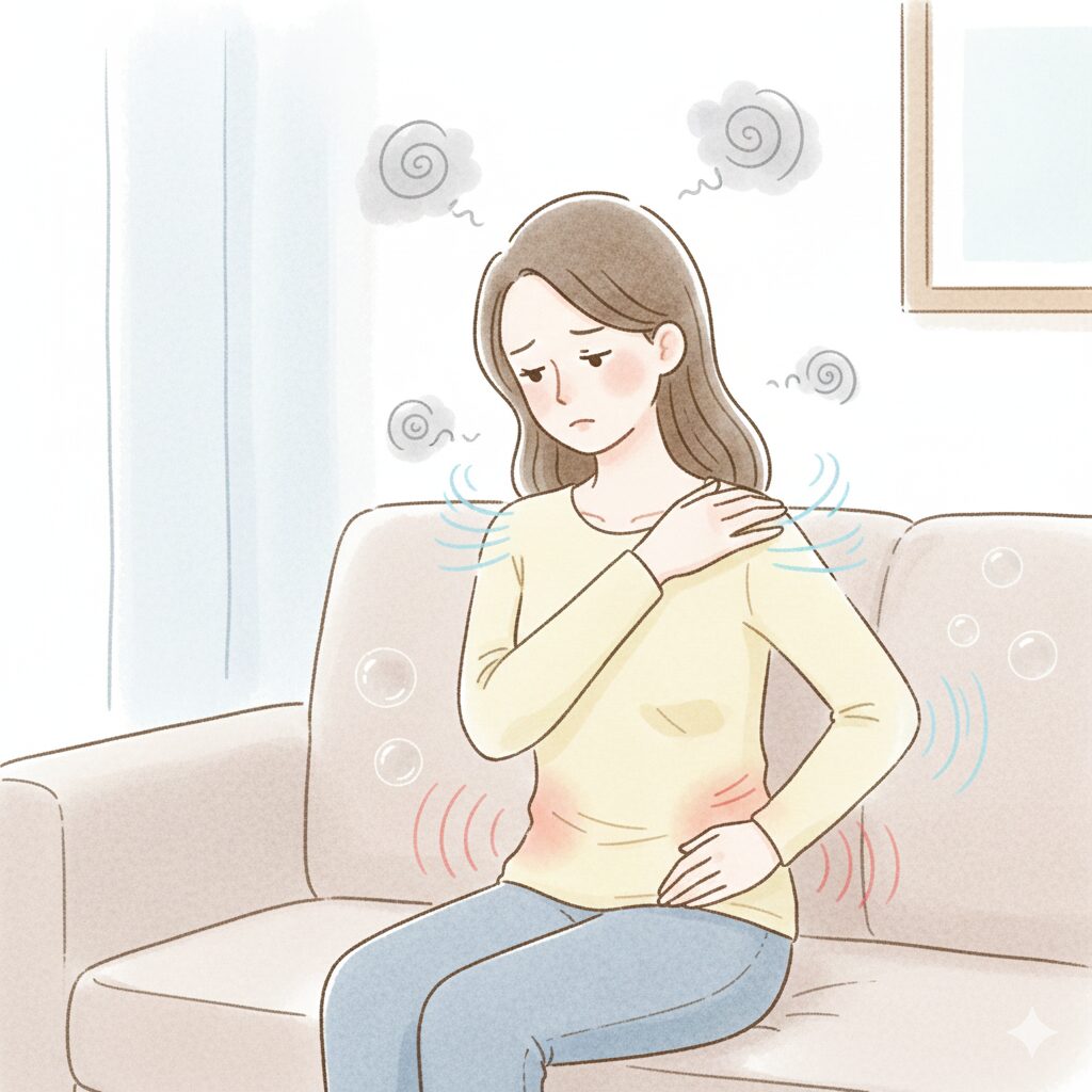 ソファに座る女性のイラスト。肩や背中に軽い緊張を表す青いライン、お腹まわりに脂肪がつきやすいことを示すやわらかい赤いラインが描かれている。頭上にはストレスの象徴として小さな渦巻きや雲が浮かび、胸元には浅い呼吸を示す半透明の光のラインが表現されている。心理的ストレスが体に与える影響を視覚的に示す健康・生活情報向けのイラスト。