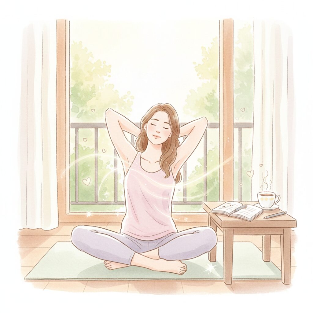 柔らかいパステル調の水彩イラスト。庭やベランダでヨガマットに座る女性が、腹式呼吸と軽いストレッチを行う様子。横には日記帳とペン、ティーカップが置かれ、背中や周囲に光のラインと小さなハートが浮かび、体の巡りと心の軽さ、自己肯定感を象徴。女性は穏やかでリラックスした表情。