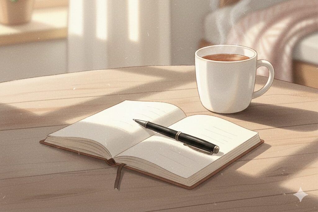 ノートとペン、カップの横に置かれた体組成計を背景に、健康管理の記録をする30代女性の手元、落ち着いた朝の雰囲気を描いたイラスト