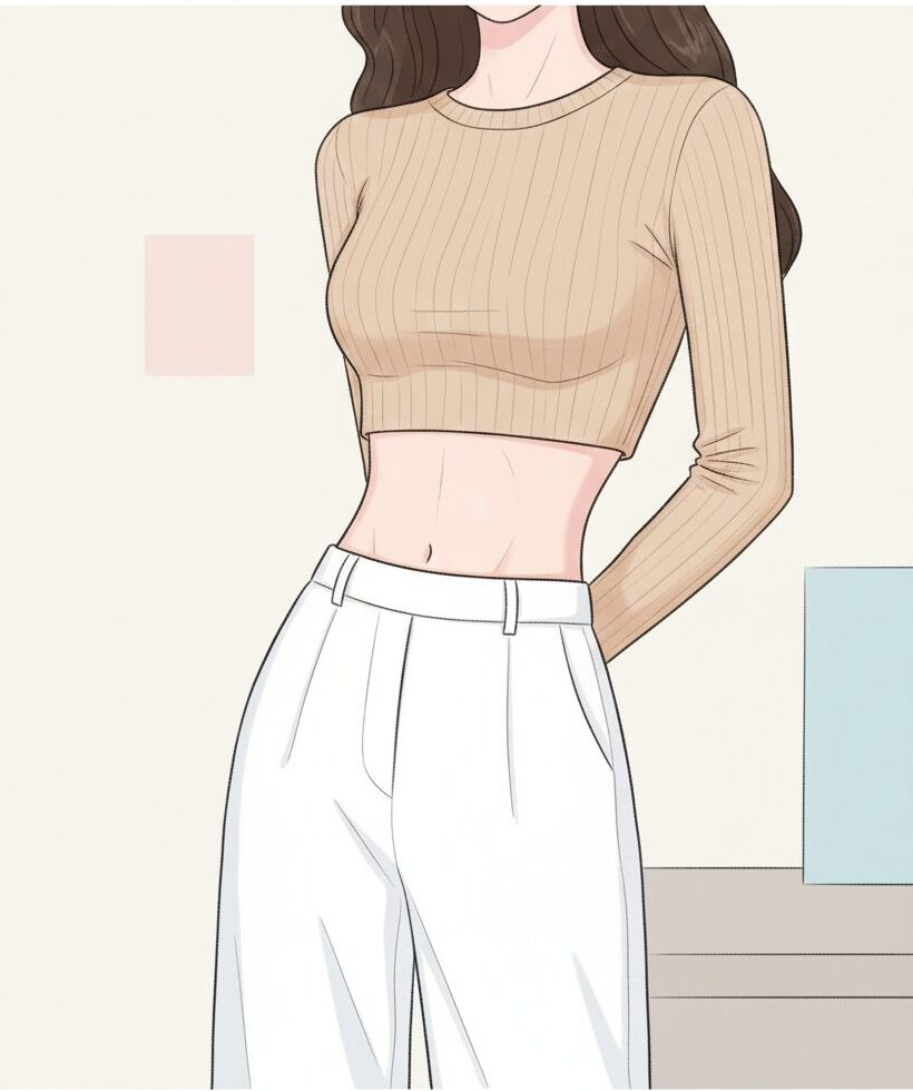 韓国ファッション誌風の手描きイラスト。淡いピンクとベージュの柔らかな色合いで、ほっそりしたウエストの女性が立っているデザイン。ウエストラインがすっきり見えるシンプルで清潔感のある雰囲気の画像。