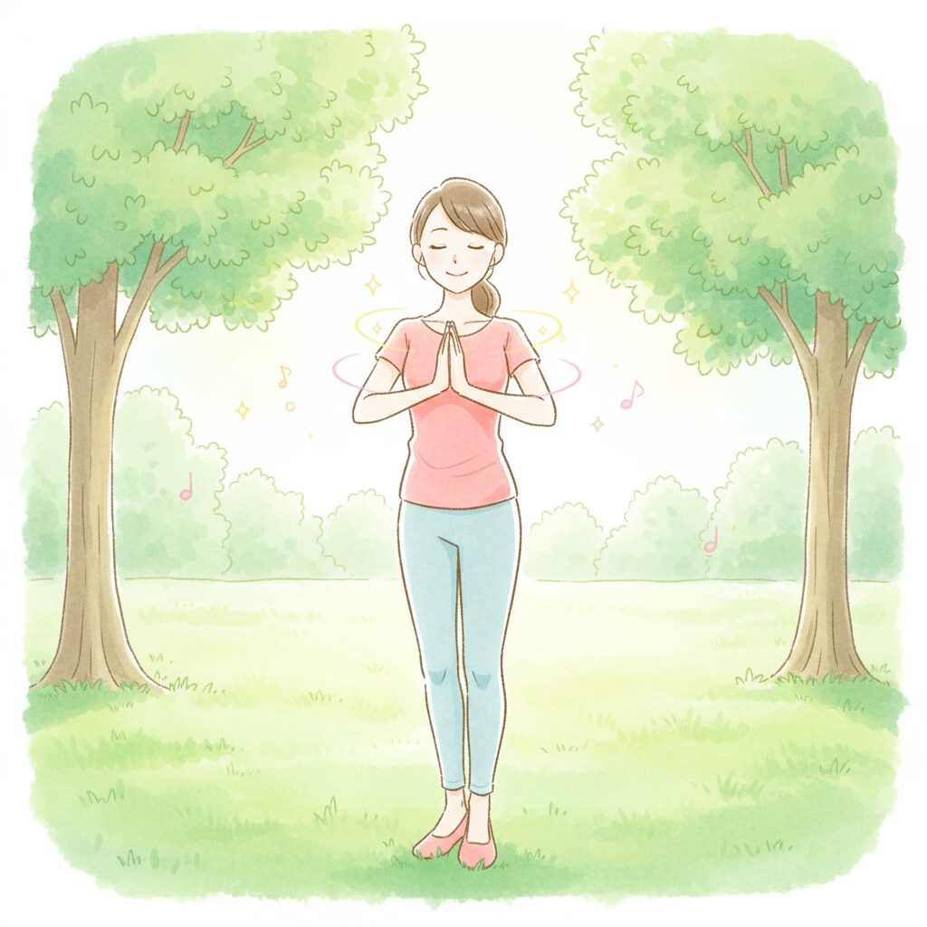 朝の公園の芝生の上で、女性が手を胸の前で合わせて深呼吸しながら軽くストレッチしているイラスト。柔らかい朝日が差し込み、木々や小鳥のさえずりを感じさせる自然の中で、肩や背中には淡い光が入り、姿勢改善やむくみ解消のイメージを表現。女性の表情は穏やかで前向きであり、心と体の両方が整う感覚を温かみのあるパステルカラー（ライトグリーン、サーモンピンク、薄黄色）で描いている。