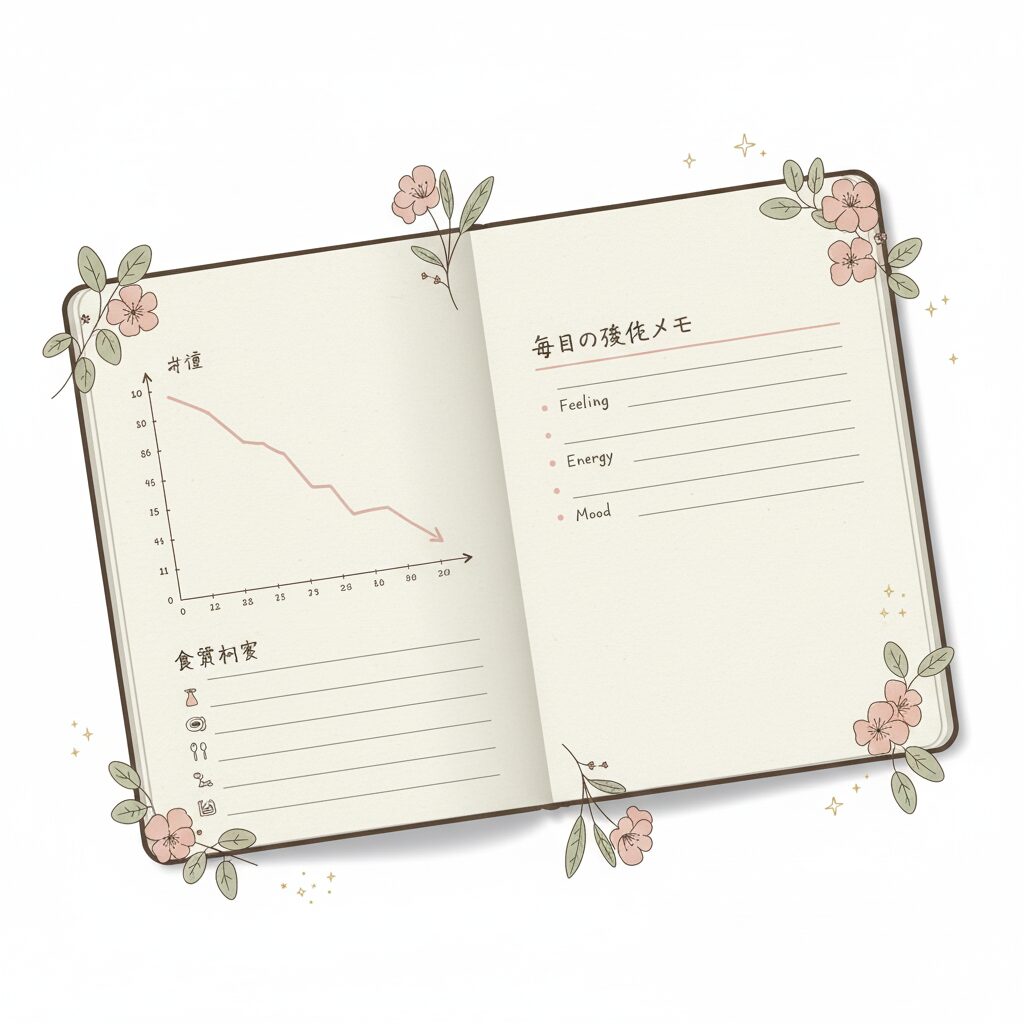 朝や夜の日常を丁寧に描いた女性のダイエット記録イラスト。