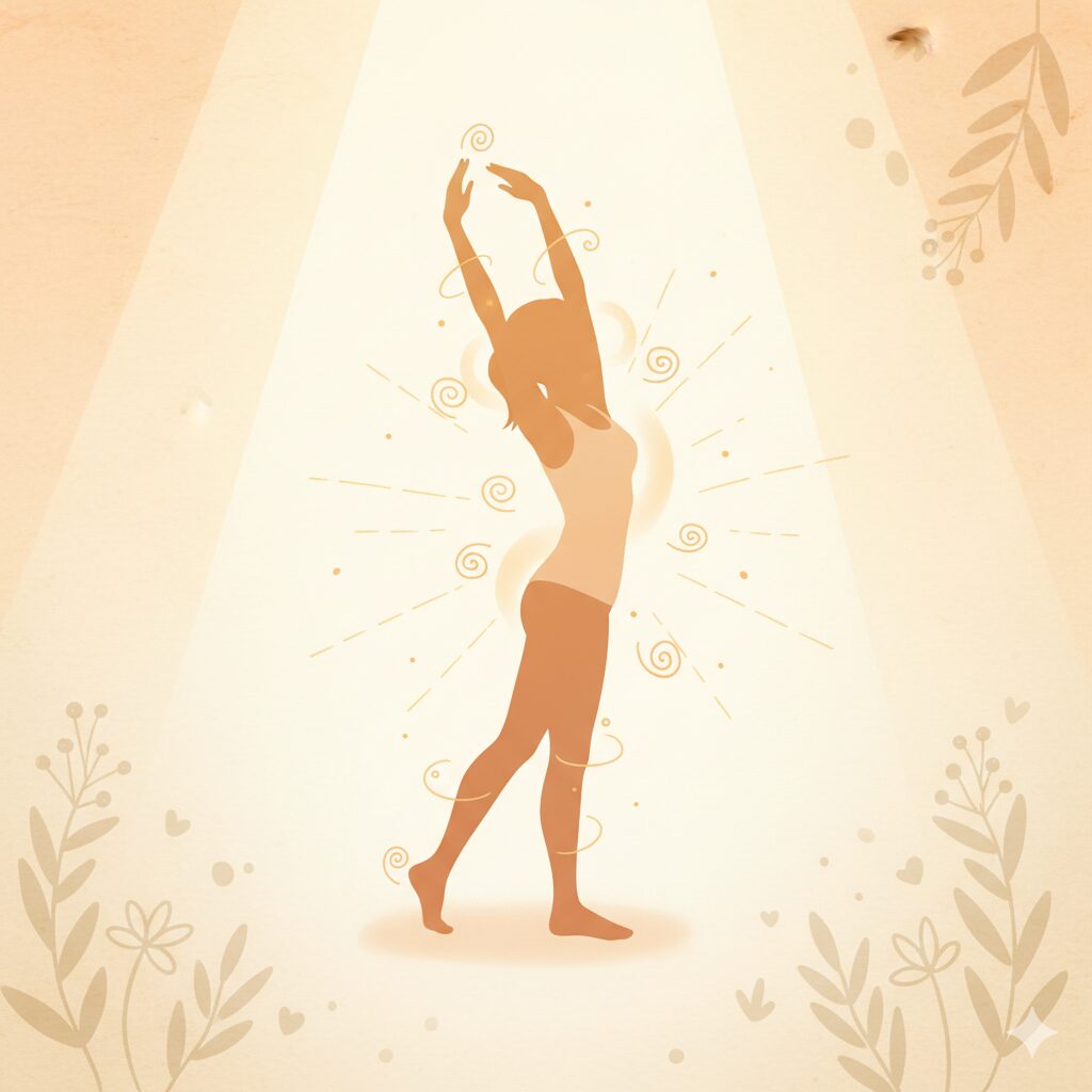 脂肪燃焼をイメージした女性のイラスト。体の芯から温まり、代謝が高まっている健康的な女性を北欧風に描いた画像