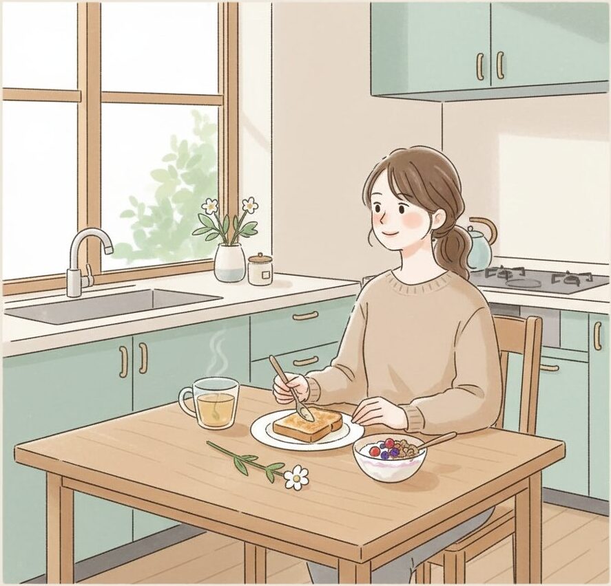 朝の光の中で、自然な食事を楽しみながら心と体のバランスを整える女性のイラスト