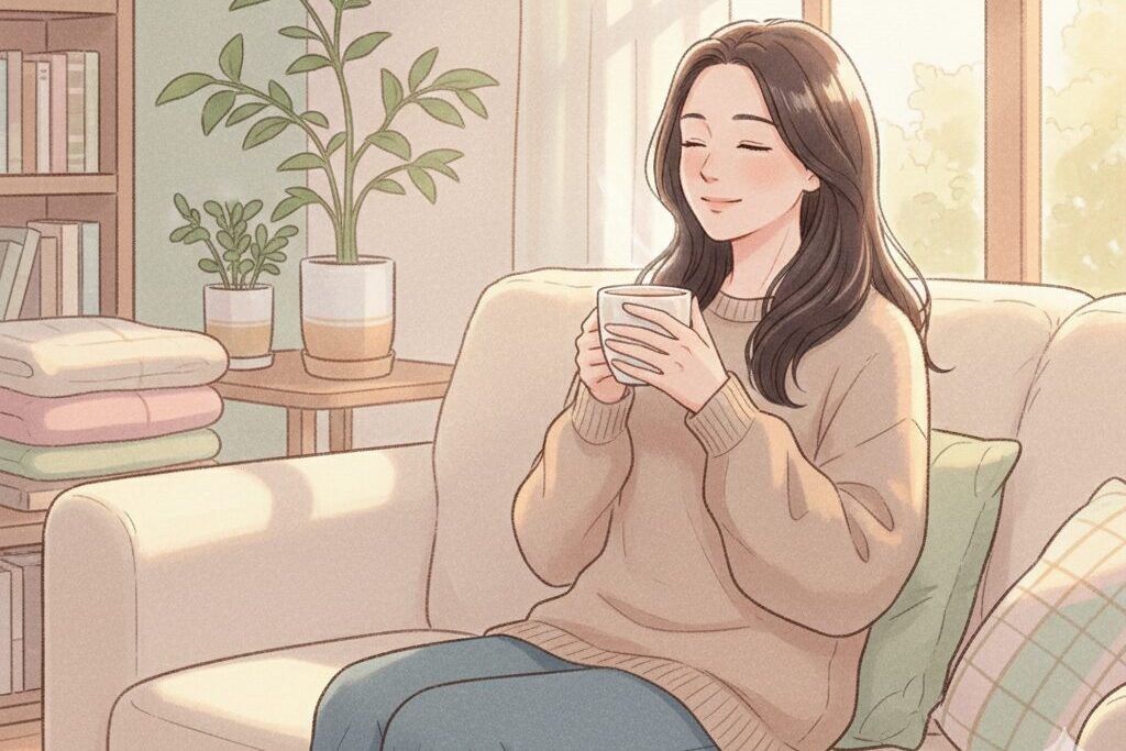 コーヒーを片手にリラックスして微笑む30代女性、柔らかい朝の光と落ち着いた室内、体重変動に安心する様子を描いたイラスト