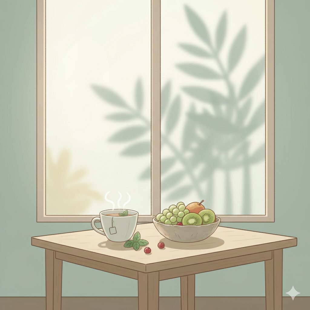 脂肪がつきやすい部位と食の関係をやさしく解説する記事のイメージ。 朝の光と自然素材のある空間で、体と食のバランスを整える様子を表現。