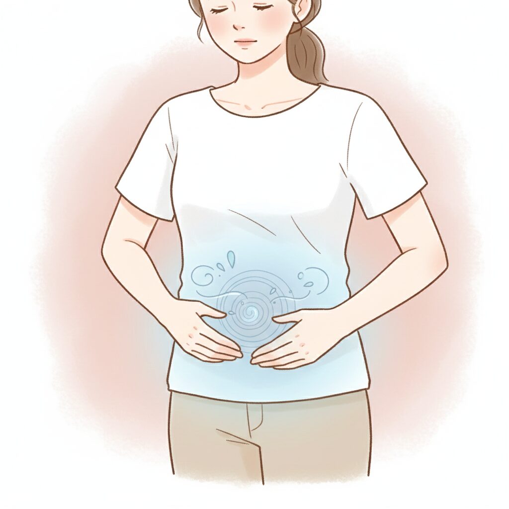 女性がお腹に手を当て、下腹だけが淡いブルーで表現されて冷えている様子を示した手描き風イラスト。手足はあたたかい色味で、お腹周りの冷えによる血流低下やむくみをイメージさせるデザイン。