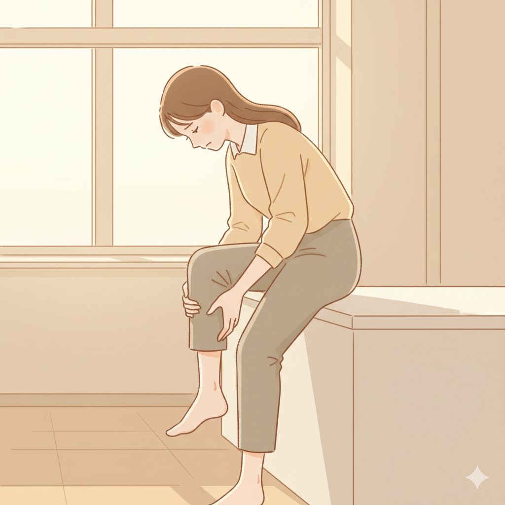 夕方の職場で、カウンターに寄りかかりながらむくんだふくらはぎを押さえている女性。足首は重だるく、肩こりや腰の張りもあり、疲れた表情をしている様子を描いた柔らかいパステル調イラスト。