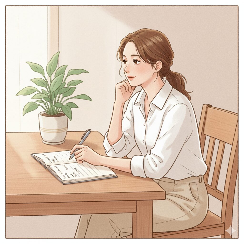 レコーディングダイエットに悩む女性が食事ノートをつけている様子