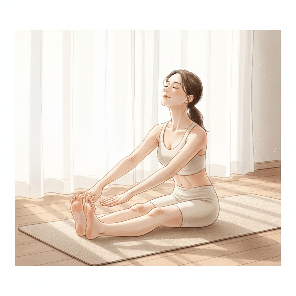 ストレッチをしている女性。心地よく体を伸ばしているが、無理をしすぎない大切さを表現したイメージ。