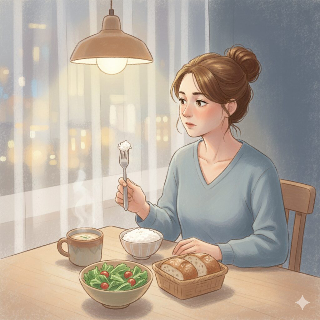 夜の炭水化物抜きを実践する女性が夕食前に迷う様子のイラスト