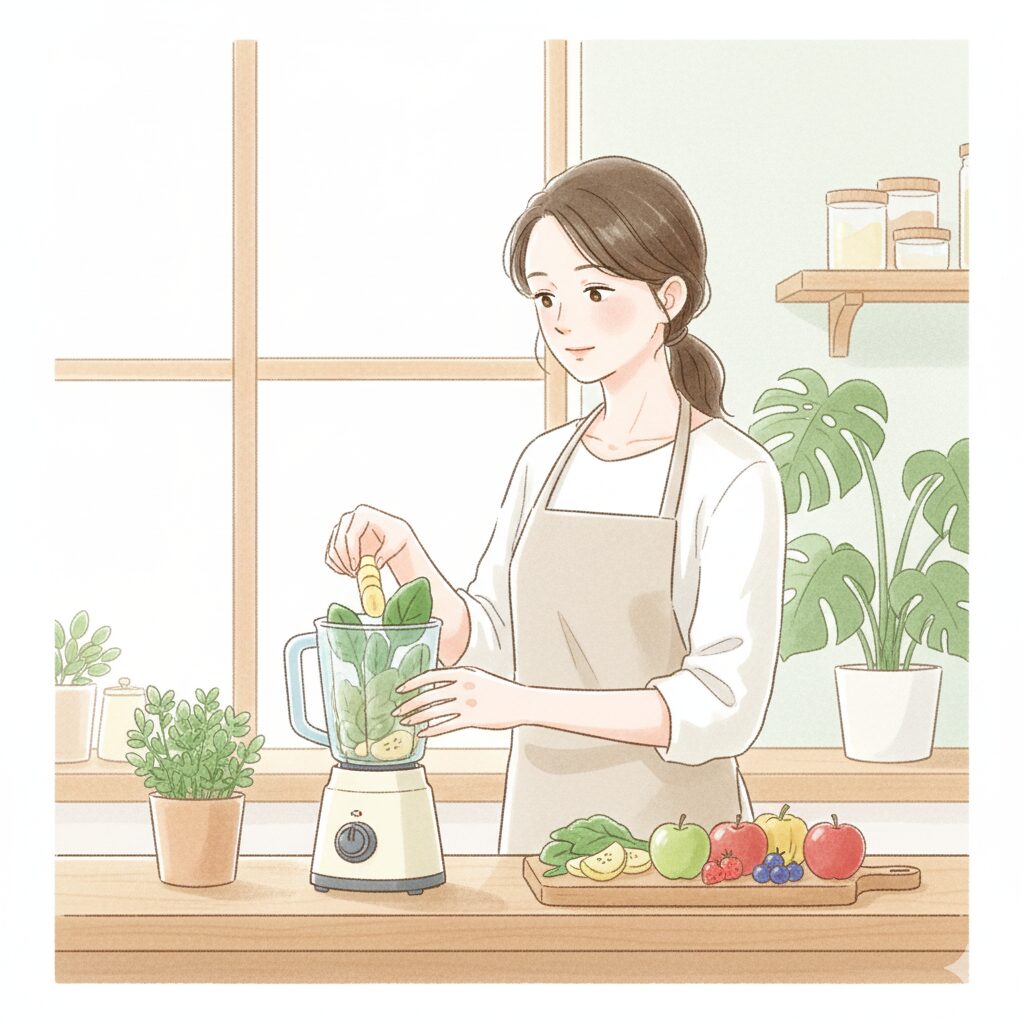 ペースト食ダイエットを実践する30代女性がキッチンでミキサーを使って食材をペースト状にする様子