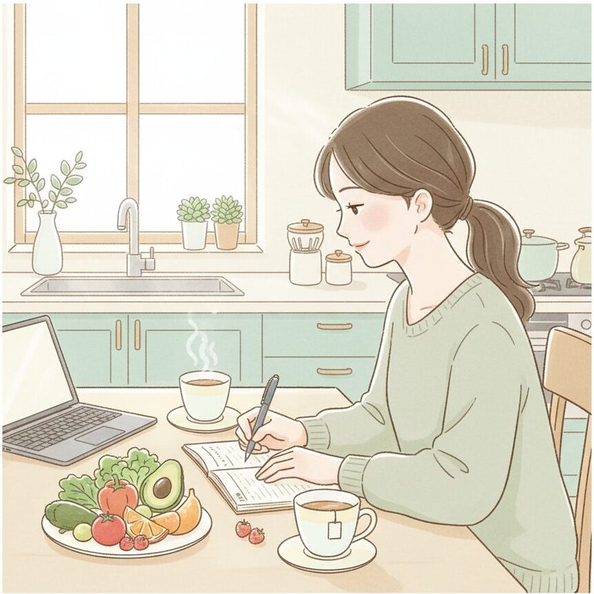 ノートに食事内容を記録する女性。健康的な食事と心のバランスを意識したナチュラルライフのイメージ。